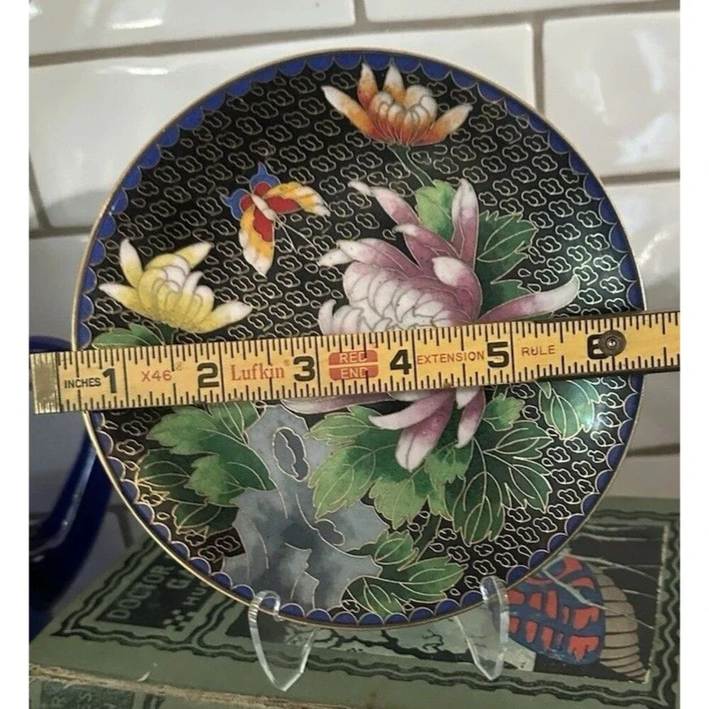 Vintage Japanese Cloisonne Jingfa Floral Enamel 6” Round Plate Turquoise Golden